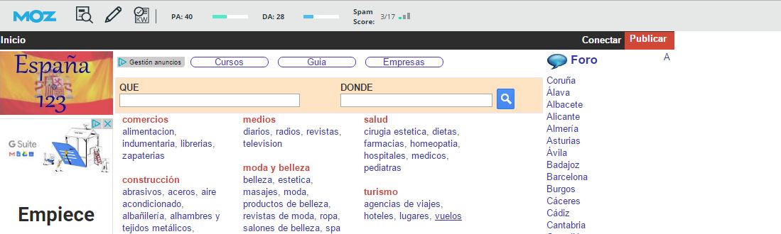 Autoridad que muestra la toolbar de Moz para España 123.